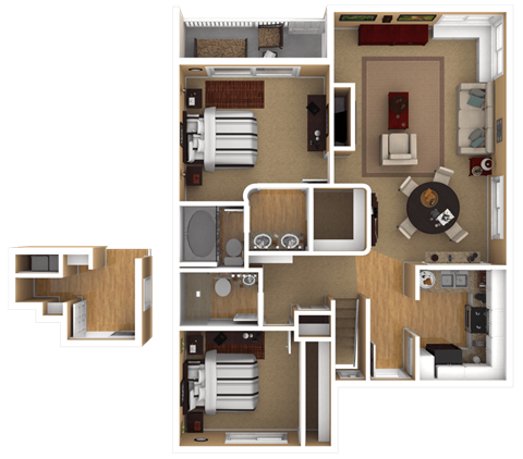 Floor plan for 2 beds, 2 baths, 1040 sqft